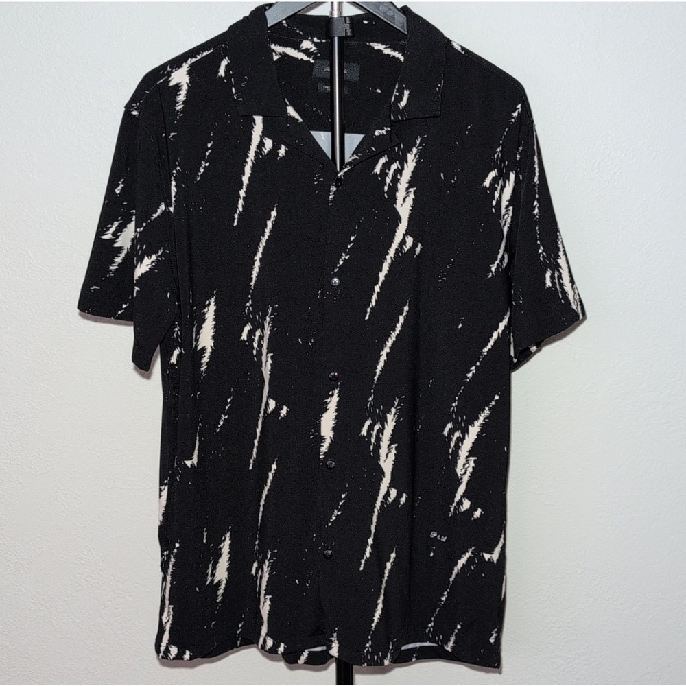 Porter & Ash Black Cream Abstract Stretch Short Sleeve Button-Up Shirt‎ XL